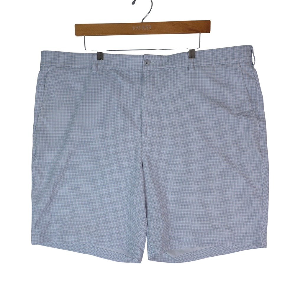 PGA Tour Golf Shorts Mens 44x9 Light Blue Plaid‎ Flat Front Performance Stretch